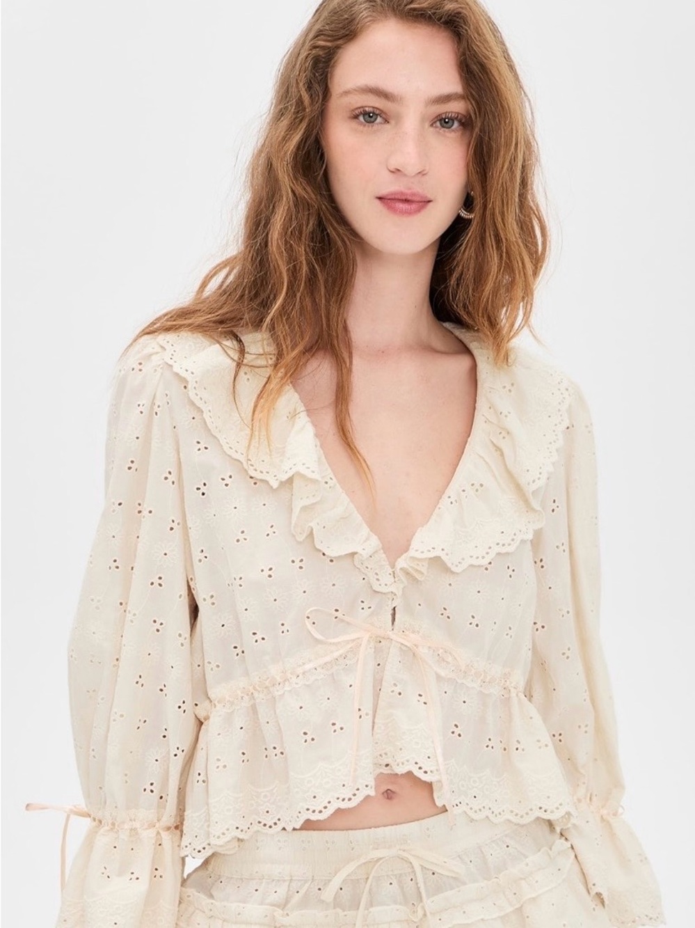 Wayf Cream Sophia Eyelet Ruffle Tie-Front Blouse
